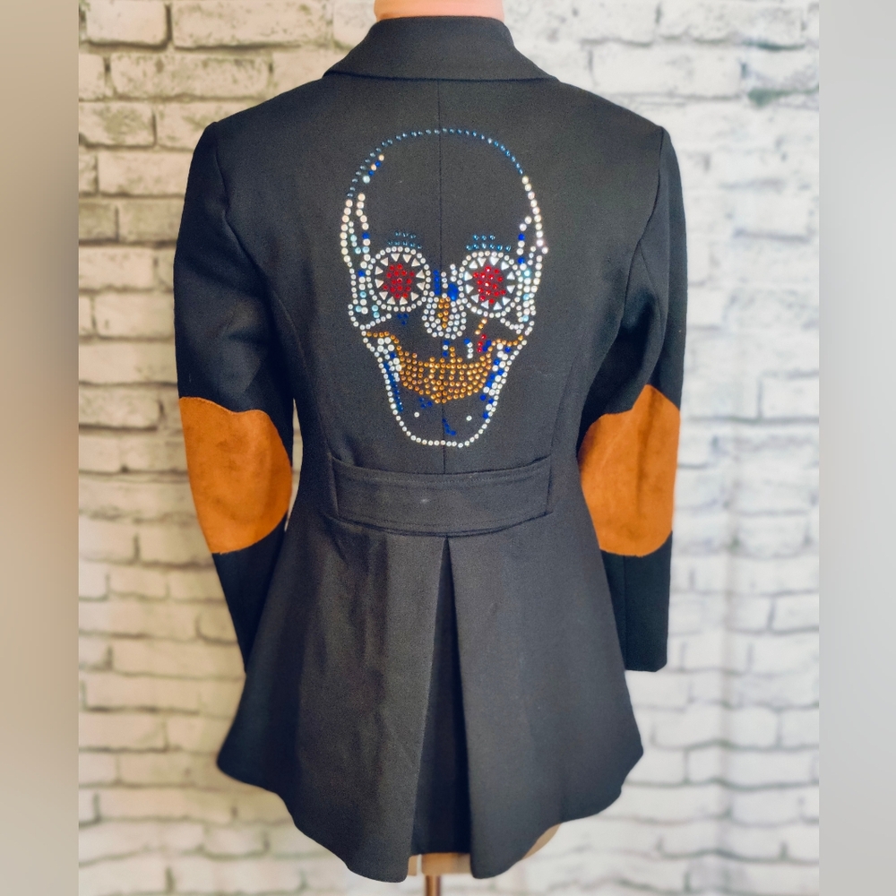 Tuxedo Blazer Sheryl Crow Rhinestone Skull big lapels back pleat Goth black XS